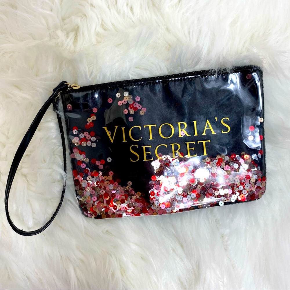 Victoria’s Secret Clear Shimmering Sequin Pouch Transparent Makeup Bag wristlet